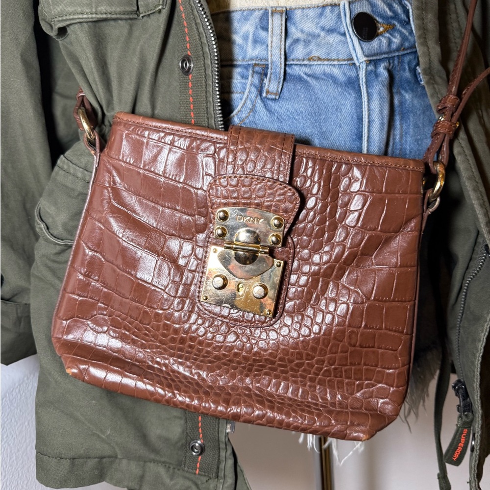 DKNY Brown croc embossed leather crossbody bag